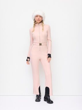 Women’s Blush Pink Long-Sleeve Ski Suit with Belt